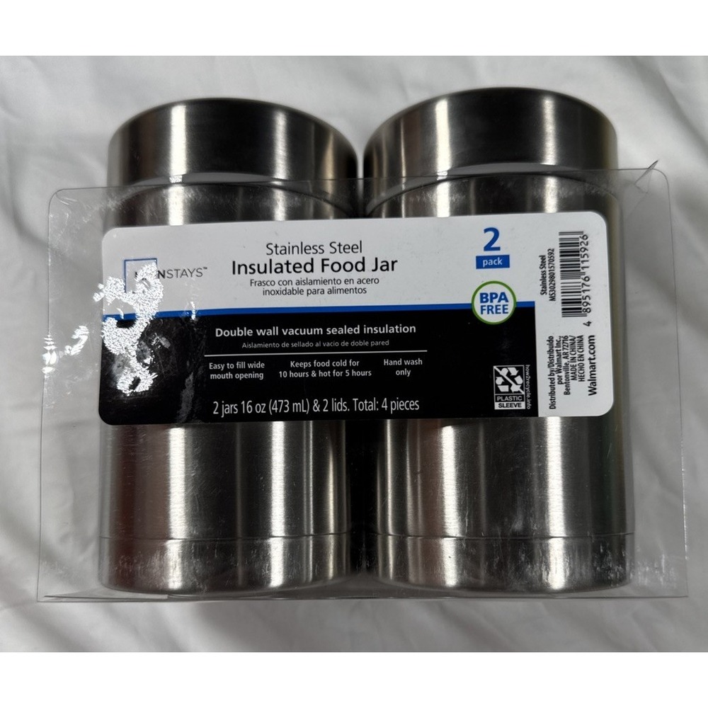 Mainstays 2-Pack 16oz Stainless Steel Insulated Food Jars Silver MS3029801570592